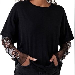 Free People Black Top with Floral Sheer Sleeves